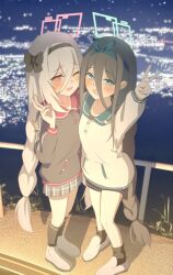  2girls aris_(blue_archive) black_hair black_hairband black_ribbon blue_archive blue_eyes blush bow_hairband braid cityscape commentary_request green_halo hair_between_eyes hair_ribbon hairband halo highres kei_(blue_archive) long_hair long_hair_between_eyes looking_at_viewer multiple_girls open_mouth pink_eyes pink_halo rectangular_halo ribbon ringed_eyes shianorei skirt smile twin_braids v very_long_hair white_hair 