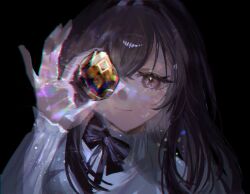  1girl arknights bad_anatomy bad_hands black_background black_bow bow bowtie brown_eyes brown_hair commentary fumi_(rdbm) highres holding holding_rock long_sleeves originium_(arknights) priestess_(arknights) refraction rock shirt sidelocks simple_background smile solo upper_body white_shirt 