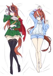  2girls alternate_costume animal_ear_earrings animal_ears arm_up asagi501 ascot bare_legs barefoot belt black_thighhighs blue_eyes blue_jacket blue_shorts breasts brown_belt brown_hair commentary_request dakimakura_(medium) dress earrings epaulettes flat_chest frilled_shirt frills full_body gloves green_dress hair_ribbon hand_on_own_stomach hand_up horse_ears horse_girl horse_tail jacket jewelry long_hair long_sleeves lying messy_hair multicolored_hair multiple_girls on_back open_clothes open_jacket pink_ribbon ribbon shirt short_dress short_shorts shorts simple_background single_earring single_epaulette small_breasts streaked_hair symboli_rudolf_(emperor's_path)_(umamusume) symboli_rudolf_(umamusume) tail thigh-highs tokai_teio_(umamusume) two-tone_hair umamusume very_long_hair white_ascot white_background white_gloves white_hair white_shirt zettai_ryouiki 
