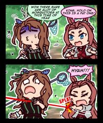  animal_ears blue_eyes bow braid breasts brown_hair dress ear_bow ear_covers ear_ornament ear_ribbon forehead green_bow hair_between_eyes half_up_half_down_braid horse_ears horse_girl horse_tail kawakami_princess_(umamusume) king_halo_(umamusume) long_hair multiple_girls open_mouth shirt strong tail terkmc umamusume umamusume_horse_relations 