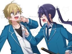  !? 2boys ahoge anger_vein angry blazer blonde_hair blue_jacket blue_necktie clothes_grab collarbone collared_shirt constricted_pupils curled_fingers ensemble_stars! grabbing_another's_shirt hair_between_eyes hakaze_kaoru hand_up highres jacket jewelry kanzaki_souma katana long_hair long_sleeves looking_at_another male_focus motoyui multiple_boys necklace necktie ponytail purple_hair rectangular_mouth sako_nako scared school_uniform shaded_face shirt shirt_under_shirt sidelocks sideways_mouth silver_necklace simple_background sweatdrop sword teeth twitter_username upper_body upper_teeth_only v-shaped_eyebrows weapon white_background white_shirt wolf_cut yumenosaki_school_uniform 