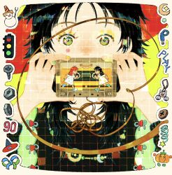  2girls black_hair blue_nails blue_socks cassette_tape dress eyeshadow fingernails green_eyes green_nails green_socks highres holding_cassette long_hair looking_at_viewer makeup multiple_girls nail_polish original red_hair running socks teeth tongue yellow_nails yin_0909 