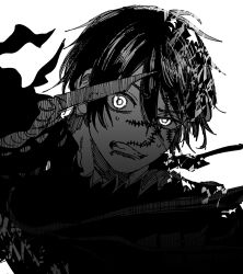  1boy centuria_(manga) commentary_request double-parted_bangs facial_mark facing_viewer fighting greyscale hair_between_eyes highres kasetsu_(kasetu_yukimura) looking_at_viewer lukas_(centuria) magic male_focus monochrome short_hair solo squinting stitched_face stitches sweat white_background 
