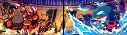  absurdres animal_focus artist_name black_sclera claws colored_sclera commentary commission debris dust embers english_commentary groudon highres in-universe_location indoors kyogre no_humans open_mouth pokemon pokemon_(creature) pokemon_focus pokemon_heartgold_and_soulsilver rain sharp_teeth spikes tamarinfrog teeth water web_address yellow_eyes 
