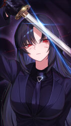  1girl absurdres arm_up black_hair black_shirt blood blood_on_face breasts closed_mouth collared_shirt commentary_request glint gloves highres holding holding_sword holding_weapon jacket korean_commentary large_breasts limbus_company long_hair long_sleeves multicolored_hair necktie ootachi parted_bangs pinky_(identity)_(project_moon) project_moon purple_hair purple_jacket purple_streaks red_eyes ryoshu_(project_moon) shirt solo streaked_hair suit sword sword_in_front_of_face upper_body very_long_hair weapon zerobig 