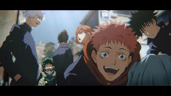  1other arashi_(boom_sate225) black_hair black_jacket blue_sky boku_no_hero_academia brown_hair building buttons commentary_request crossover fushiguro_megumi geto_suguru gloves gojo_satoru green_hair green_jacket grey_hair hair_between_eyes hair_bun high_collar hood hood_down itadori_yuji jacket jujutsu_kaisen kugisaki_nobara medium_hair midoriya_izuku open_mouth outdoors pink_hair red_hood short_hair sky smile surprised teeth white_gloves white_hair 