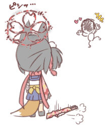 +++ 1boy 1girl animal_ears back_bow black_hair black_shoes blue_archive blue_sailor_collar blue_skirt bow broken_halo chibi chibi_only commentary doodle_sensei_(blue_archive) fox_ears fox_girl fox_tail from_behind full_body gun hair_ornament halo heart highres izuna_(blue_archive) miniskirt motion_lines one_side_up pink_scarf pom_pom_(clothes) pom_pom_hair_ornament puff_of_air red_halo sailor_collar scarf school_uniform sensei_(blue_archive) serafuku shirt shoes simple_background skirt sound_effects standing tail tomonx weapon white_background white_shirt yellow_bow 