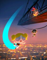  3girls black_hair blonde_hair blossom_(ppg) blue_dress blunt_bangs bubbles_(ppg) buttercup_(ppg) city_lights closed_eyes closed_mouth dress flying frown furrowed_brow green_dress green_eyes hanging highres long_hair mary_janes multiple_girls noah_(rokoroko) open_mouth orange_hair pantyhose parted_bangs pink_dress pink_eyes powerpuff_girls scaffolding shoes short_hair siblings sisters sitting smile twintails white_pantyhose 
