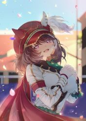  1girl 28yanagiii absurdres animal_ears blue_sky blush bow breasts brown_hair cape commentary_request confetti ear_covers ears_through_headwear green_bow hair_between_eyes hat highres horse_ears horse_girl jacket long_sleeves looking_at_viewer marche_lorraine_(racing)_(umamusume) marche_lorraine_(umamusume) medium_breasts mismatched_ear_covers open_mouth outdoors red_cape second-party_source short_hair sky smile solo umamusume violet_eyes white_jacket 