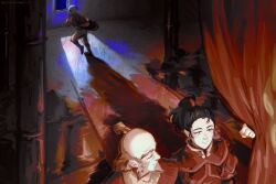  3boys aang avatar:_the_last_airbender avatar_legends bald balding beard facial_hair highres iroh long_beard male_focus mintothesoul multiple_boys old old_man topknot uncle_and_nephew zuko 