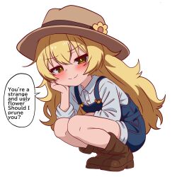 1girl absurdres blonde_hair blue_overalls blush boots brown_boots brown_eyes brown_hat buttons closed_mouth collared_shirt commentary english_commentary english_text flower hanakaji_(yuuchanto) hat hat_flower head_on_hand head_rest highres kurumi_(hanakaji) loli long_hair original overalls shirt simple_background smile solo speech_bubble squatting white_background white_shirt yellow_flower