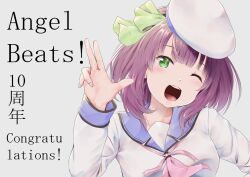  1girl ;d angel_beats! anniversary beret blue_sailor_collar blunt_bangs blush bow commentary_request copyright_name eyelashes fingernails green_bow green_eyes grey_background hair_bow hand_up happy hat hayaoki_(asagi-iro_seishun-bu) head_tilt highres long_sleeves looking_at_viewer medium_hair nakamura_yuri neckerchief one_eye_closed open_mouth pink_neckerchief purple_hair sailor_collar sailor_shirt salute shirt simple_background smile solo teeth tongue two-finger_salute upper_body upper_teeth_only white_hat white_shirt 