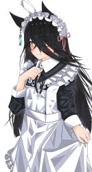  1girl absurdres ahoge animal_ears apron black_dress black_hair blush closed_mouth commentary_request dress ear_tag earrings hair_between_eyes highres horse_ears horse_girl jewelry long_bangs long_hair long_hair_between_eyes long_sleeves looking_at_viewer maid maid_apron maid_headdress manhattan_cafe_(umamusume) multicolored_hair pink_ribbon ribbon simple_background single_earring solo torakichipravda_(1210_sagiri) umamusume very_long_hair white_apron white_background white_hair white_headdress yellow_eyes 