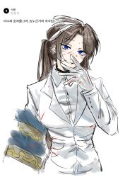  1girl 2io1lo blood blood_on_clothes blood_on_face blood_on_hand blue_eyes breasts brown_hair choker commentary_request gloves highres korean_commentary large_breasts limbus_company long_hair parted_lips project_moon ring_(identity)_(project_moon) rodion_(project_moon) shirt simple_background smile suit upper_body white_gloves white_shirt white_suit 