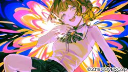  1girl :d anya_melfissa backlighting bare_shoulders bilingual_commentary black_bow black_bowtie black_choker black_skirt blonde_streaks blunt_bangs bow bowtie brown_hair chainsaw_man choker collared_shirt commentary copyright_notice cosplay double-parted_bangs english_commentary explosion explosion_background gradient_hair grenade_pin hand_up highres hololive hololive_indonesia iris_out_(song) looking_at_viewer mixed-language_commentary multicolored_hair official_art open_mouth reze_(chainsaw_man) reze_(chainsaw_man)_(cosplay) shirt shirt_tucked_in skirt sleeveless sleeveless_shirt smile solo streaked_hair teeth tsukinobeato two-tone_hair upper_teeth_only violet_eyes virtual_youtuber white_shirt 