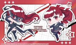  1girl birthday black_boots black_bow black_bowtie black_cape black_jacket black_leotard black_mask black_pantyhose black_ribbon blazer boots bow bowtie cape chain_belt character_name chibi chibi_only collared_cape commentary_request copyright_name deformed frilled_sleeves frills full_body gloves gold_buttons gradient_outline grid_background hair_bow hair_ribbon happy_birthday high_ponytail highres holding holding_sword holding_weapon jacket kinoshita_aki leotard long_sleeves mask masquerade_mask multiple_views official_alternate_costume outline outstretched_arms pantyhose persona persona_5 persona_5_the_royal plaid_clothes plaid_skirt pleated_skirt ponytail red_bow red_buttons red_eyes red_gloves red_hair red_outline red_shoes red_theme ribbon scabbard school_uniform sheath shirt shoes shuujin_academy_school_uniform skirt sparkle star_(symbol) sword tareme thick_outlines thigh_boots violet_(persona_5) watermark weapon white_background white_outline white_shirt yoshizawa_kasumi 