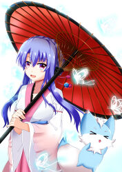  >_< 1girl :d absurdres black_bow blue_butterfly blush bow braid bug butterfly commentary_request cowboy_shot crown_braid fox frilled_kimono frills glowing_butterfly hair_between_eyes hair_bow hair_bun hands_up highres holding holding_umbrella inari_(summer_pockets) japanese_clothes kimono long_hair long_sleeves looking_at_viewer nontraditional_miko official_alternate_costume oil-paper_umbrella open_mouth red_eyes red_umbrella sekibaracheice sidelocks simple_background single_hair_bun smile solo sorakado_ao summer_pockets umbrella under_umbrella very_long_hair white_background white_kimono wide_sleeves 