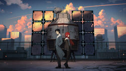  1boy 1girl back-to-back black_hair black_shirt black_shoes blue_sky brown_jacket brown_pants brown_pantyhose building city cityscape colorful_clouds commentary debris english_commentary facial_hair from_side hands_in_pockets highres jacket jacket_partially_removed lab_coat long_hair making-of_available makise_kurisu necktie okabe_rintarou pants pantyhose red_hair red_necktie rooftop science_adventure shirt shoes short_hair sky steins;gate stubble sunset time_machine vertigris water_tower white_shirt 
