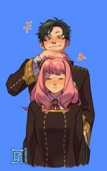  1boy 1girl aged_up ahoge anya_(spy_x_family) artist_name black_coat black_dress blue_hair blush brown_hair closed_mouth coat commentary damian_desmond dress ear_piercing english_commentary expressionless gold_trim green_eyes hand_on_another's_head height_difference high_collar highres jacket_mine long_sleeves looking_at_viewer looking_down medium_hair narrowed_eyes nose_blush piercing pink_hair shirt simple_background smirk spy_x_family upper_body white_shirt yellow_eyes 