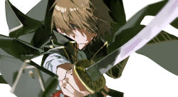  1boy absurdres black_jacket blood blood_on_face brown_eyes brown_hair commentary_request gintama hair_between_eyes highres holding holding_sword holding_weapon jacket katana light_frown male_focus medium_hair mura_karuki okita_sougo portrait shirt simple_background solo sword weapon white_background white_shirt 