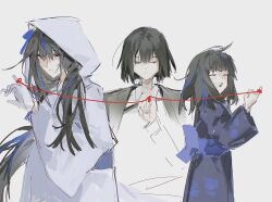  1girl 3girls akmisss00 araya_(project_moon) black_hair blue_hair blue_streaks child closed_eyes closed_mouth commentary english_commentary family gloves grey_background highres hood hood_up japanese_clothes kimono limbus_company long_hair long_sleeves mature_eyes mother_and_child mother_and_daughter multicolored_hair multiple_girls multiple_views obi open_mouth parent_and_child pinky_out project_moon purple_kimono red_eyes ryoshu_(project_moon) sash shiomi_yoru_(project_moon) shirt short_hair simple_background smile streaked_hair string string_of_fate very_long_hair white_gloves white_kimono 