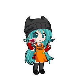  1girl apron aqua_eyes aqua_hair arm_warmers badge beanie black_hat black_outline black_shirt black_thighhighs blush button_badge cd character_name chibi chibi_only closed_mouth full_body game_asset hat hatsune_miku hatsune_miku_graphy_collection holding_cd horned_hat jewelry long_hair looking_at_viewer miniskirt necklace off-shoulder_shirt off_shoulder orange_apron outline plaid_clothes plaid_skirt red_arm_warmers red_skirt shirt skirt smile solo standing thigh-highs transparent_background v very_long_hair vocaloid 