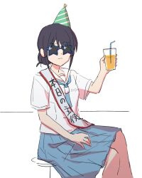  1girl black_hair blue-framed_eyewear blue_skirt cho_kaguya-hime! cup drinking_glass glasses hat highres holding holding_cup ini_yoy opaque_glasses party_hat pleated_skirt sailor_collar sakayori_iroha shirt short_sleeves simple_background sitting sketch skirt solo star-shaped_eyewear star_(symbol) sunglasses translated white_background white_shirt 