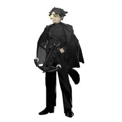  1boy animal_ears arknights artist_request black_gloves black_hair black_jacket black_pants black_shoes black_sweater capone_(arknights) chest_harness coat coat_on_shoulders crossbow full_body gloves hands_in_pockets harness holding holding_weapon jacket jacket_on_shoulders long_sleeves male_focus official_art pants parted_lips ribbed_sweater scar scar_on_face shirt shoes short_hair simple_background solo standing sunglasses sweater tail third-party_source tinted_eyewear transparent_background turtleneck turtleneck_sweater weapon wolf_boy wolf_ears wolf_tail yellow-tinted_eyewear 
