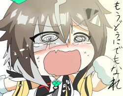  1girl @_@ blush brown_hair chibi chibi_only collared_shirt commentary_request detached_sleeves eyes_visible_through_hair fang furrowed_brow gloves grey_hair hair_ornament hair_over_one_eye hairclip multicolored_hair nose_blush open_mouth rakesimu8181 rulership_(racing)_(umamusume) rulership_(umamusume) running shirt skin_fang solo sweat two-tone_hair umamusume upper_body 