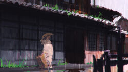  1girl adjusting_clothes adjusting_headwear ajirogasa architecture arm_up awning bag bandaged_arm bandages building commentary_request east_asian_architecture expressionless full_body hand_on_own_hat hat highres holding holding_bag japanese_clothes kimono long_sleeves looking_to_the_side niy_(nenenoa) official_alternate_costume pants pants_tucked_in purple_hair rain reisen_udongein_inaba solo standing taking_shelter touhou white_kimono white_pants wide_sleeves 