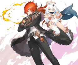  1boy 1girl belt black_gloves black_jacket blue_eyes blue_scarf closed_mouth diluc_(genshin_impact) fire floating fur-trimmed_jacket fur_trim genshin_impact gloves halo highres jacket long_hair multicolored_gloves open_clothes open_jacket paimon_(genshin_impact) ponytail red_eyes red_gloves red_hair revision romper scarf smile taba_comya thigh-highs thigh_strap two-tone_gloves white_hair white_romper white_thighhighs wide_sleeves 