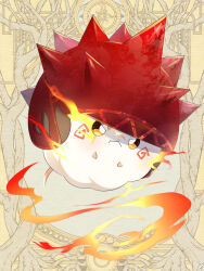  angry blush_stickers dairoku_ryouhei fire frown full_body helmet no_humans red_helmet solo spiked_helmet wolfz2525 yellow_background yellow_eyes 