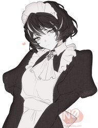  1girl ascot black_dress black_hair commentary_request dress heart highres limbus_company long_sleeves looking_at_viewer maid maid_headdress moses_(project_moon) multicolored_hair pale_skin project_moon shirt short_hair simple_background solo streaked_hair sweatdrop tatsunami the_distortion_detective upper_body white_background 