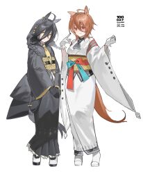  2girls absurdres agnes_tachyon_(umamusume) ahoge animal_ears black_gloves black_hair black_kimono blush brown_hair city_(nnnnnnn_100) closed_mouth commentary_request full_body gloves hair_between_eyes highres horse_ears horse_girl horse_tail japanese_clothes kimono long_bangs long_hair long_hair_between_eyes long_sleeves manhattan_cafe_(umamusume) medium_hair multicolored_hair multiple_girls red_eyes shoes smile tail umamusume very_long_hair white_gloves white_hair white_kimono wide_sleeves yellow_eyes 