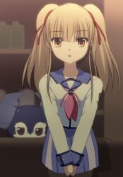  1girl :o angel_beats! black_pantyhose blonde_hair blue_sailor_collar blue_skirt blunt_bangs blurry blurry_background brown_eyes commentary_request cowboy_shot crossover eyes_visible_through_hair hair_between_eyes hair_ribbon headset highres indeedee indoors lelie_(lelie_link) long_hair long_sleeves looking_at_viewer miniskirt neckerchief open_mouth pantyhose pink_neckerchief pleated_skirt pokemon pokemon_(creature) red_ribbon ribbon sailor_collar sailor_shirt shinda_sekai_sensen_uniform shirt sidelocks skirt solo twintails v_arms white_shirt yusa_(angel_beats!) 