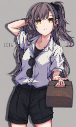  1girl absurdres arm_behind_head black_bow black_shorts bow brown_hair collarbone collared_shirt commentary_request girls'_frontline_2:_exilium girls_frontline grey_background hair_bow hand_up highres holding kakuzatou_(cubesugar03196) leva_(girls'_frontline_2) long_hair looking_at_viewer shirt shorts simple_background smile solo sunglasses teeth ump45_(girls'_frontline) white_shirt yellow_eyes 