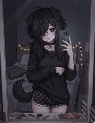  1girl ahoge animal_ears bag_of_chips bags_under_eyes bandaged_arm bandages bed black_choker black_eyes black_sweater breasts choker commentary cosmetics cowboy_shot dog_ears dog_girl dog_tail dolphin_shorts english_commentary female_pov hair_ornament hair_over_one_eye heart heart-shaped_pupils holding holding_phone indoors kryawanii kryawanii_(artist) long_bangs long_hair looking_to_the_side low_twintails makeup_brush medium_breasts nail_polish_bottle night one_eye_covered original parted_lips phone pillow polka_dot polka_dot_shorts pov reflection reflection_focus shorts solo standing star_(symbol) star_print string_of_light_bulbs sweater symbol-shaped_pupils tail torn_clothes torn_sweater twintails x_hair_ornament 