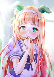  1girl animal_ears blunt_bangs blush bow bowtie closed_mouth commentary_request ear_covers green_eyes hairband hime_cut horse_ears horse_girl long_hair looking_at_viewer orange_hair puffy_short_sleeves puffy_sleeves purple_bow purple_bowtie purple_shirt sailor_collar sailor_shirt school_uniform shirt short_sleeves silence_suzuka_(umamusume) skirt solo tracen_school_uniform umamusume upper_body white_hairband white_sailor_collar white_skirt yoshiharu_izumi 