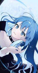  1girl backlighting black_choker black_sleeves bloom blue_eyes blue_hair blue_nails blurry blurry_background choker collarbone colored_eyelashes commentary dated_commentary dot_nose double-parted_bangs earrings floating_hair full_moon hair_between_eyes hand_up highres hololive hoshimachi_suisei jewelry juliet_sleeves long_hair long_sleeves looking_at_viewer loose_hair_strand matana_(tske2247) moon nail_polish night official_alternate_costume official_alternate_hairstyle parted_lips portrait primadonna_(hoshimachi_suisei) puffy_sleeves shoulder_pads_(fashion) sideways sleeve_cuffs smile solo sparkle star_(symbol) star_choker star_earrings star_in_eye symbol_in_eye untranslatable_commentary virtual_youtuber 