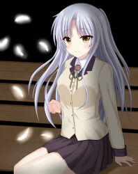  1girl about_jako angel_beats! arm_at_side black_background blush closed_mouth collared_shirt commentary_request cowboy_shot eyes_visible_through_hair falling_feathers feathers grey_hair hand_up highres jacket long_hair long_sleeves looking_at_viewer neck_ribbon on_bench parted_bangs ponytail ribbon school_uniform shirt short_ponytail sidelocks simple_background sitting smile solo split_mouth tachibana_kanade white_feathers white_shirt yellow_eyes yellow_jacket yellow_ribbon 