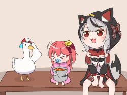 >_< aged_down animal_ears black_jacket black_streaks bucket_of_lava camisole commentary_request fang grey_hair highres hololive jacket long_hair looking_at_viewer medium_hair morotade_kudou multicolored_hair one_side_up pacifier red_eyes sakamata_chloe sakamata_chloe_(1st_costume) sakura_miko streaked_hair subaru_duck tail virtual_youtuber white_camisole wolf_ears wolf_girl wolf_tail
