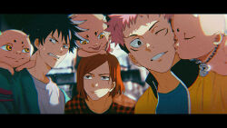  1girl 2boys 3others arashi_(boom_sate225) black_hair blue_shirt brown_eyes brown_hair commentary_request crossover fushiguro_megumi green_jacket itadori_yuji jacket jewelry jujutsu_kaisen kugisaki_nobara medium_hair multiple_boys multiple_others necklace orange_jacket parody pink_hair red_shirt shirt short_hair smile style_parody sweatdrop teeth white_shirt yellow_eyes 