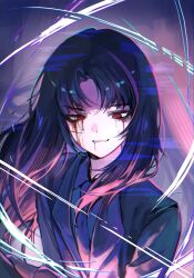  1girl absurdres attack_trail black_hair black_jacket black_necktie black_shirt blood blood_from_eyes blood_from_mouth chromatic_aberration collared_shirt crying hand_on_hilt highres iur5021 jacket light_smile limbus_company long_hair long_sleeves multicolored_hair necktie parted_bangs parted_lips pinky_(identity)_(project_moon) portrait project_moon purple_streaks red_eyes ryoshu_(project_moon) shirt solo streaked_hair tears upper_body 