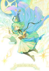 1girl black_pantyhose blue_cape book buttons cape coco_(tongari_boushi_no_atelier) commentary conical_hat copyright_name double-breasted dress full_body green_hair grey_shoes highres holding holding_book holding_pen long_sleeves looking_to_the_side open_book open_mouth pantyhose paper pen qifrey's_atelier_apprentice_uniform shoes sidelocks smile solo sparkle tongari_boushi_no_atelier untranslatable_commentary white_dress xxxxg_ovo 