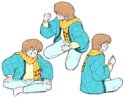  blue_coat brown_eyes brown_hair clenched_hands closed_mouth coat commentary_request godai_yuusaku hands_on_own_thighs happy looking_to_the_side maison_ikkoku nyx666 open_mouth orange_scarf scarf seiza shirt short_hair simple_background sitting smile socks surprised wariza white_background white_socks yellow_shirt 
