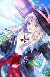  1girl balloon black_cloak black_hat black_ribbon blue_eyes blue_hat blue_sky blush braid cloak collared_shirt commentary_request elaina_(majo_no_tabitabi) emblem fingernails grey_hair hair_between_eyes hat hat_ornament highres long_hair looking_at_viewer majo_no_tabitabi nail_polish nakki_(toarumajyutushi) open_mouth outstretched_arms purple_nails ribbon shirt side_braid sky sleeveless sleeveless_shirt smile solo teeth twitter_username two-sided_fabric two-sided_headwear upper_body upper_teeth_only v watermark white_shirt witch_hat 