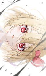  1girl absurdres blonde_hair commentary_request darkness hair_ribbon highres katsukare looking_at_viewer medium_hair open_mouth portrait red_eyes red_ribbon ribbon rumia sideways solo touhou 