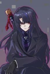 1girl black_gloves black_hair black_jacket black_pants black_shirt black_suit closed_mouth collared_shirt commentary gloves highres jacket limbus_company long_hair long_sleeves looking_to_the_side multicolored_hair necktie pants parted_bangs pinky_(identity)_(project_moon) project_moon purple_necktie purple_streaks red_eyes ryoshu_(project_moon) shirt shoulder_strap sitting solo streaked_hair suit suit_jacket sword sword_on_back untranslatable_commentary weapon weapon_on_back zora_(zorao822) 