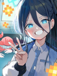  2girls :d absurdres ahoge aris_(blue_archive) black_hair blue_archive blue_halo blue_necktie blush collared_shirt commentary_request double-parted_bangs grin hair_between_eyes halo highres jacket kongaru_123 long_hair long_hair_between_eyes long_sleeves looking_at_viewer multicolored_jacket multiple_girls necktie neru_(blue_archive) one_side_up orange_hair rectangular_halo ringed_eyes shirt short_hair smile teeth tie_clip two-tone_jacket v white_jacket white_shirt 