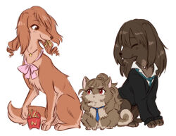  animal animal_focus animal_with_hair animalization black_cardigan blue_necktie bow bowtie brown_dog brown_hair cardigan closed_eyes closed_mouth clothed_animal commentary dog english_commentary food french_fries hair_bun hojo_karen idolmaster idolmaster_cinderella_girls jewelry kamiya_nao long_sleeves mahoxyshoujo necklace necktie no_humans pink_bow pink_bowtie red_eyes shibuya_rin simple_background single_hair_bun sitting star_(symbol) star_necklace white_background 